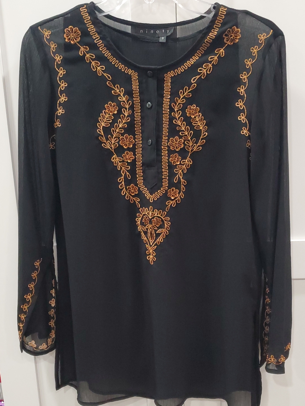 Ninety Black Sheer Tunic with Gold Floral Embroidery